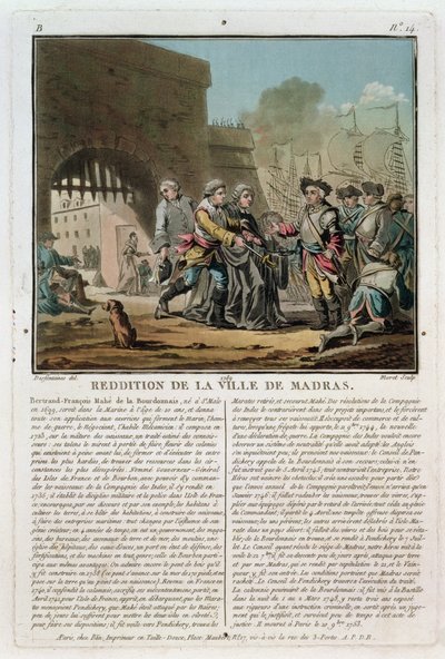 Übergabe der Stadt Madras, 1746, graviert von Jean Baptiste Morret (f.1790-1820), 1789 von Jacques Francois Joseph Swebach